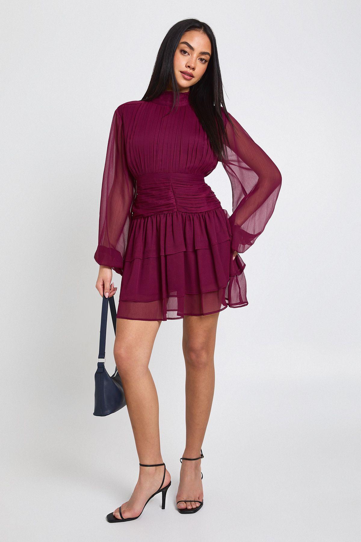 High Neck Gathered Chiffon Mini Dress by BOOHOO