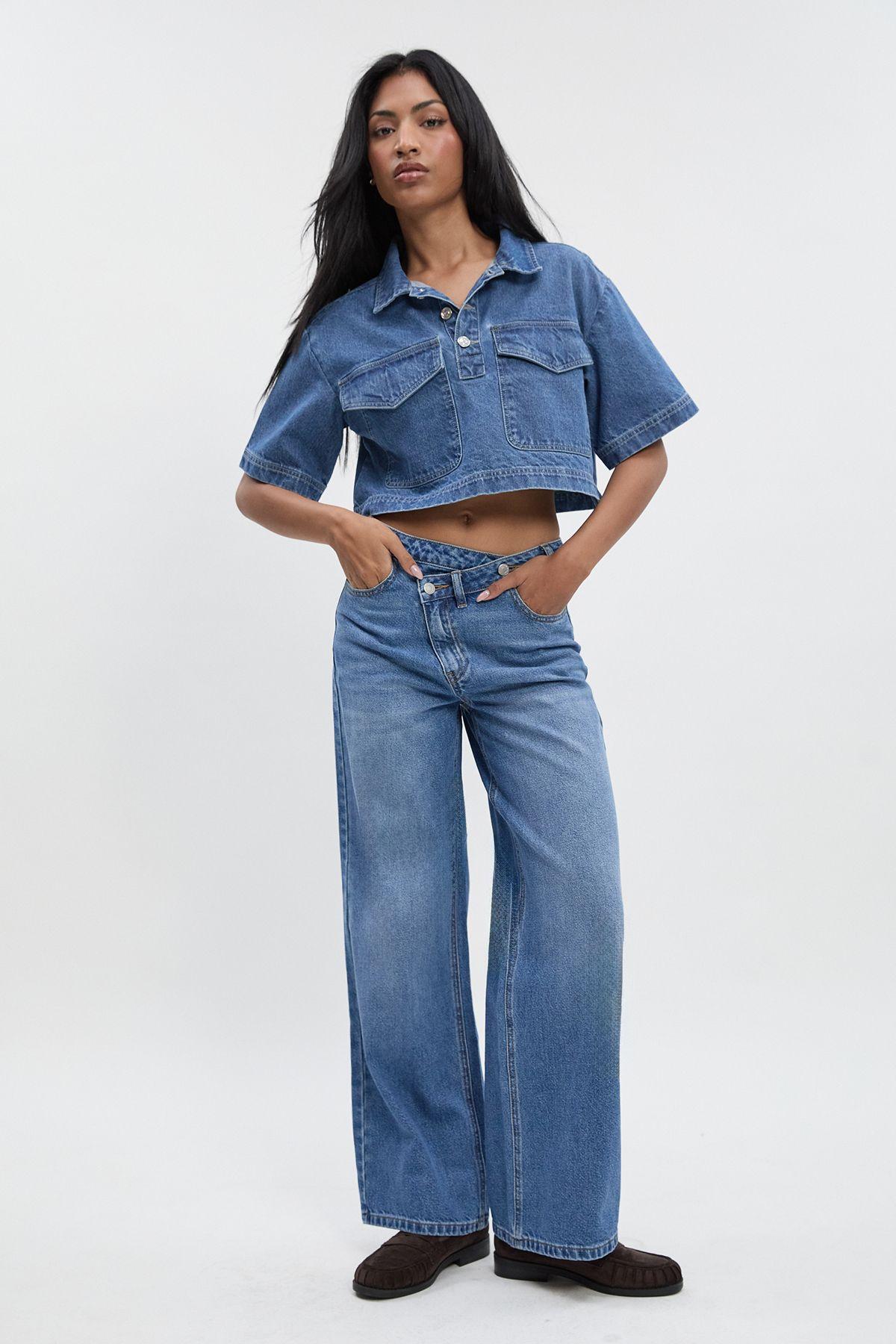 High Waist Crossover Waistband Straight Leg Jean by BOOHOO