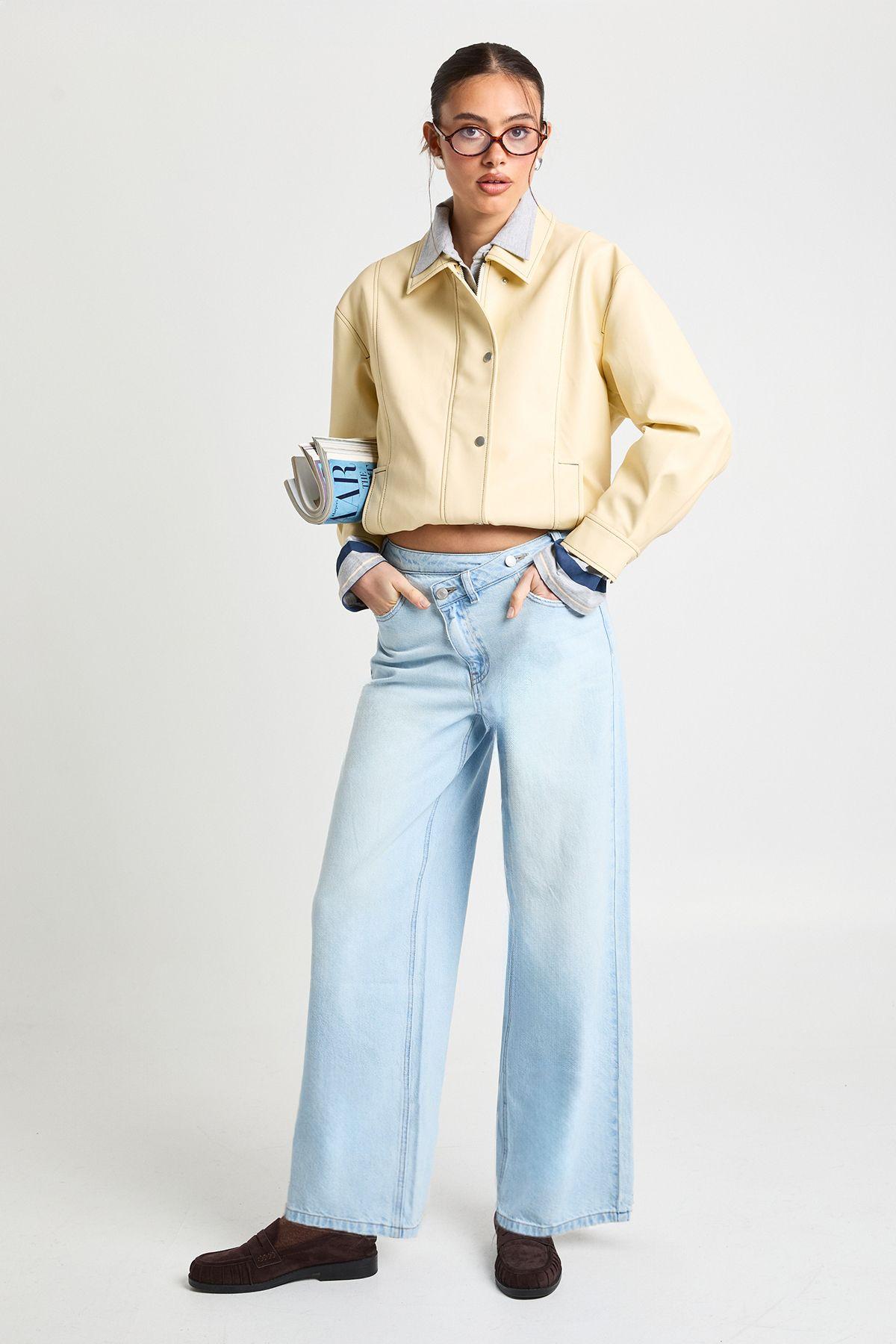 High Waist Crossover Waistband Wide Leg Jean by BOOHOO