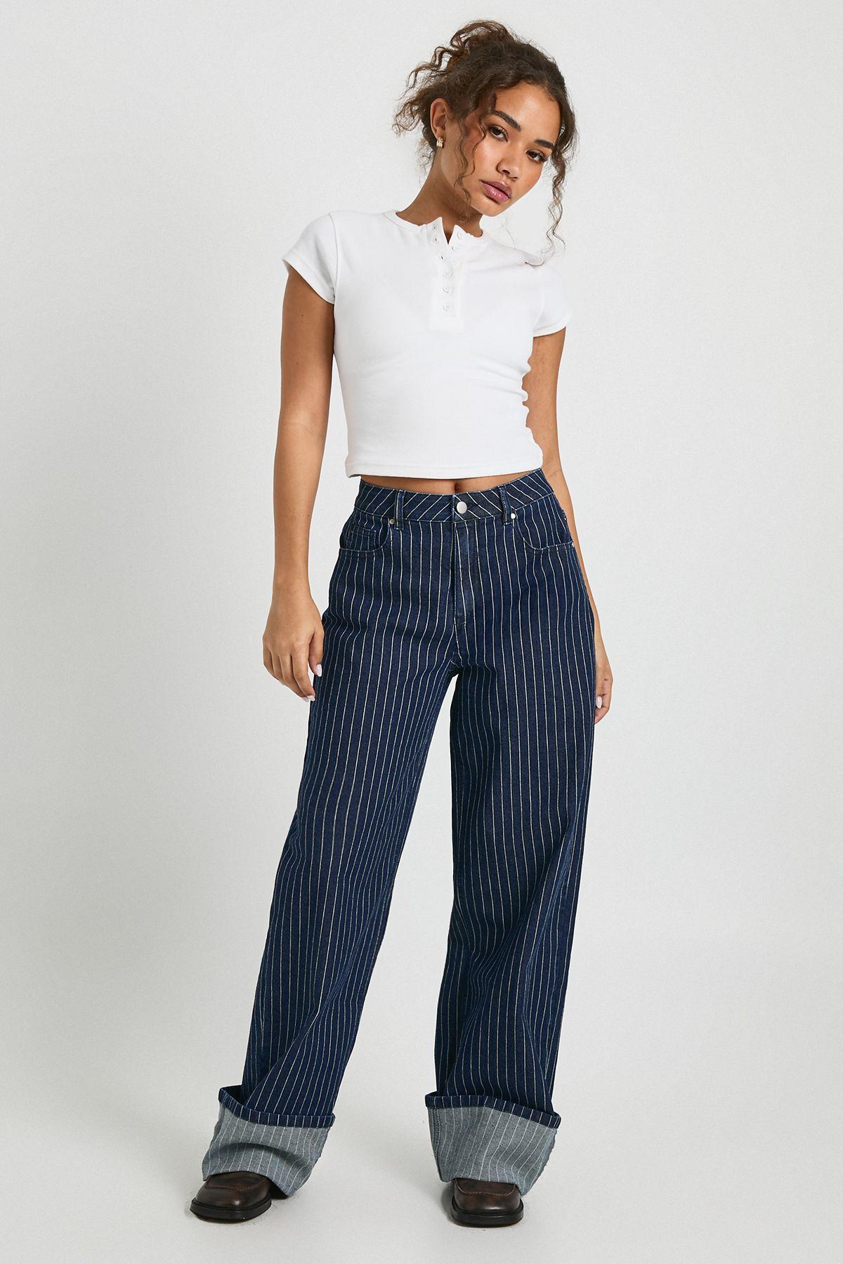 High Waist Striped Turn Up Wide Leg Jean by BOOHOO High Waist Striped Turn Up Wide Leg Jean by BOOHOO