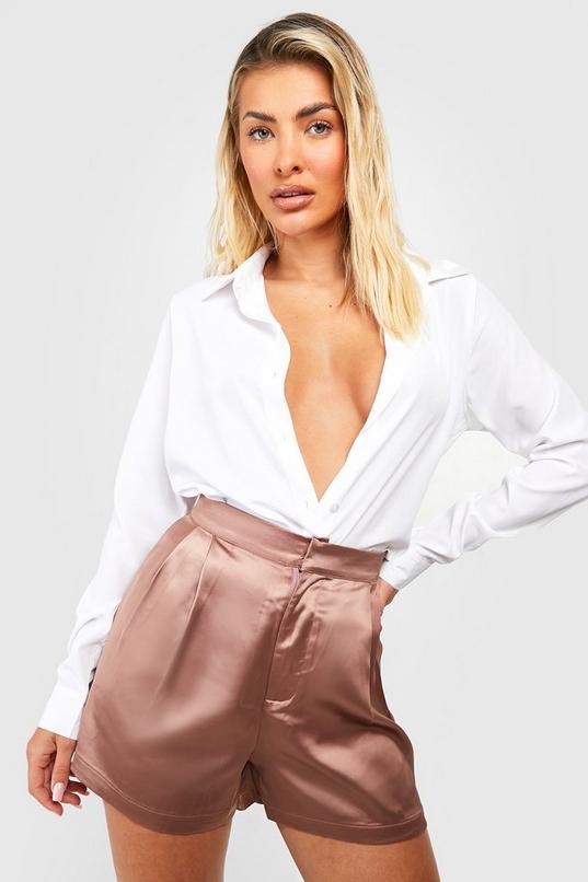 High Waisted Satin Shorts by BOOHOO