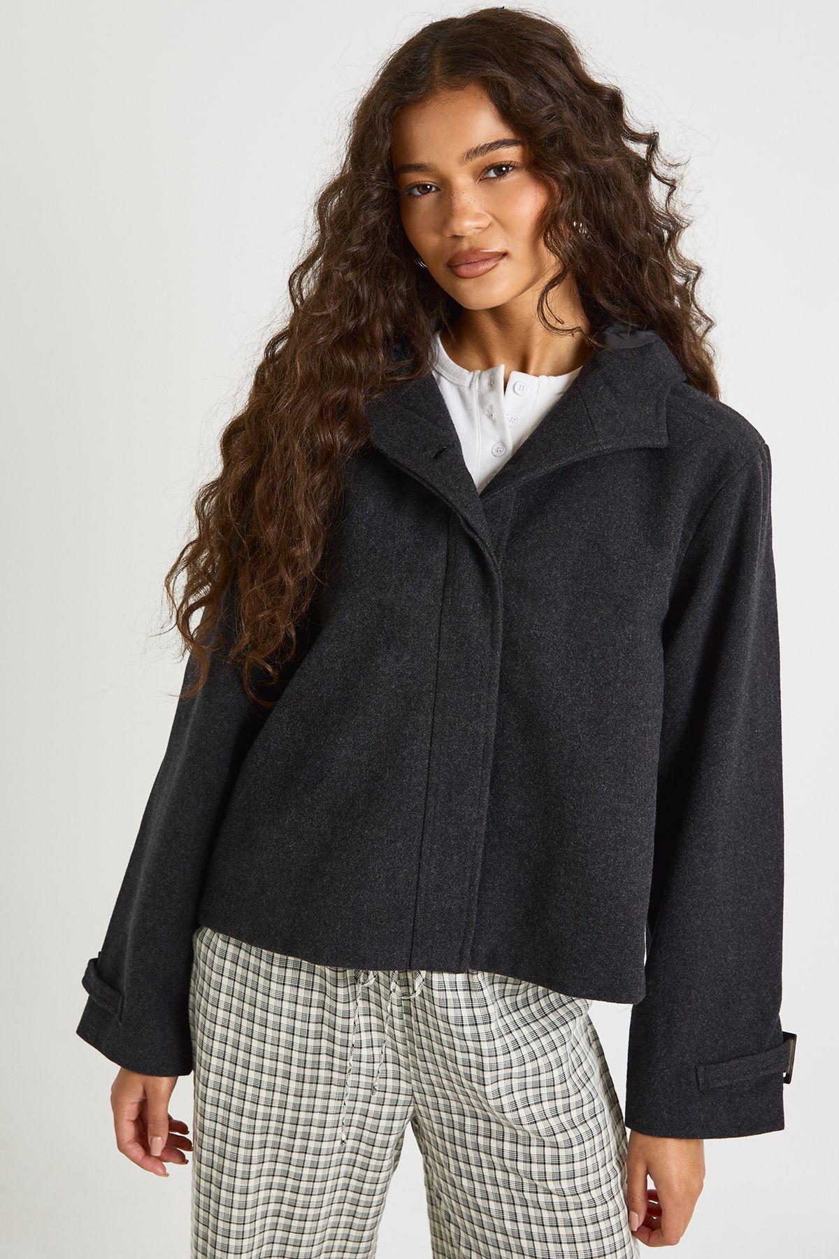 Hooded Wool Look Jacket by BOOHOO