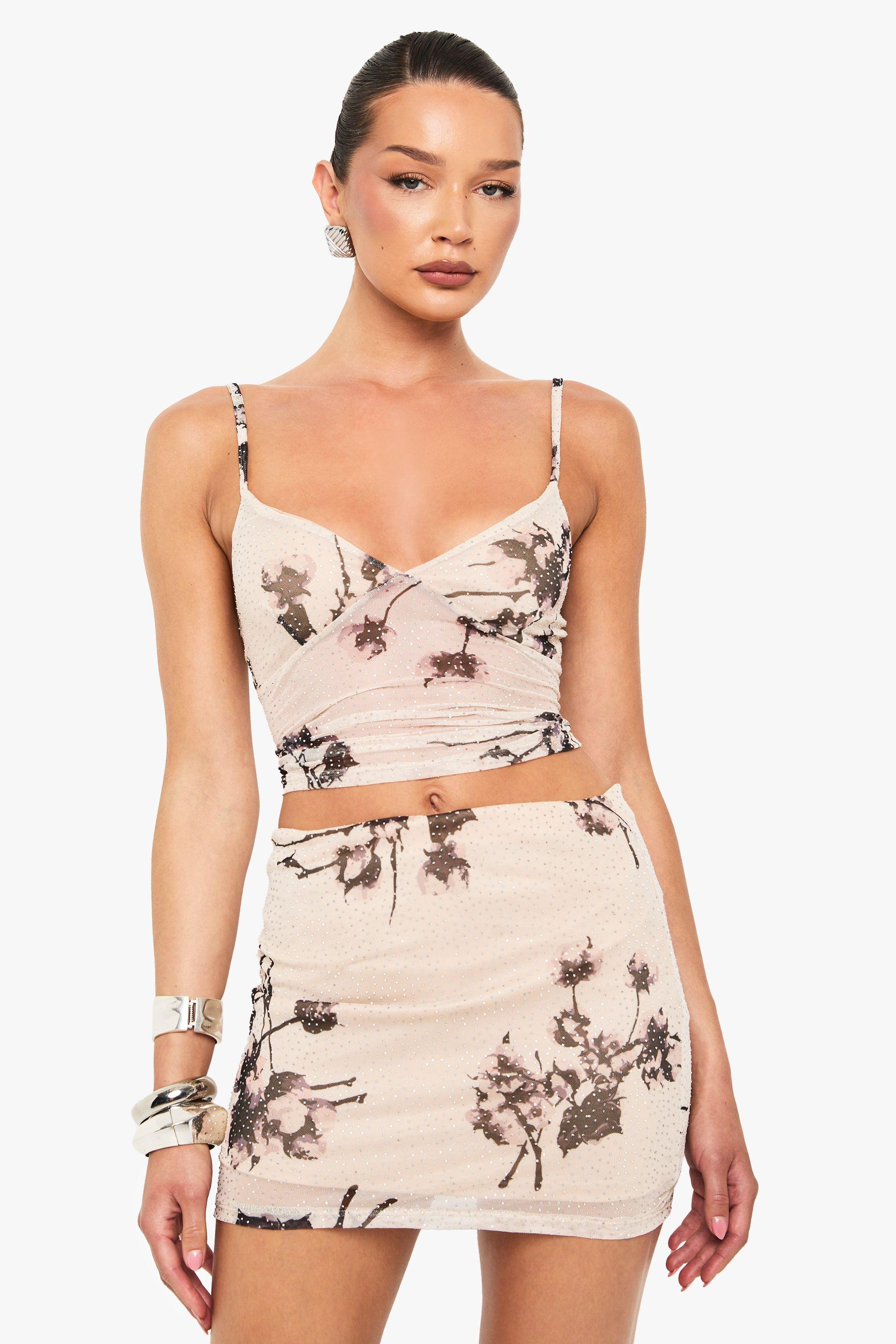 Hot Fix Printed Mesh Lined Flippy A-Line Mini Skirt by BOOHOO