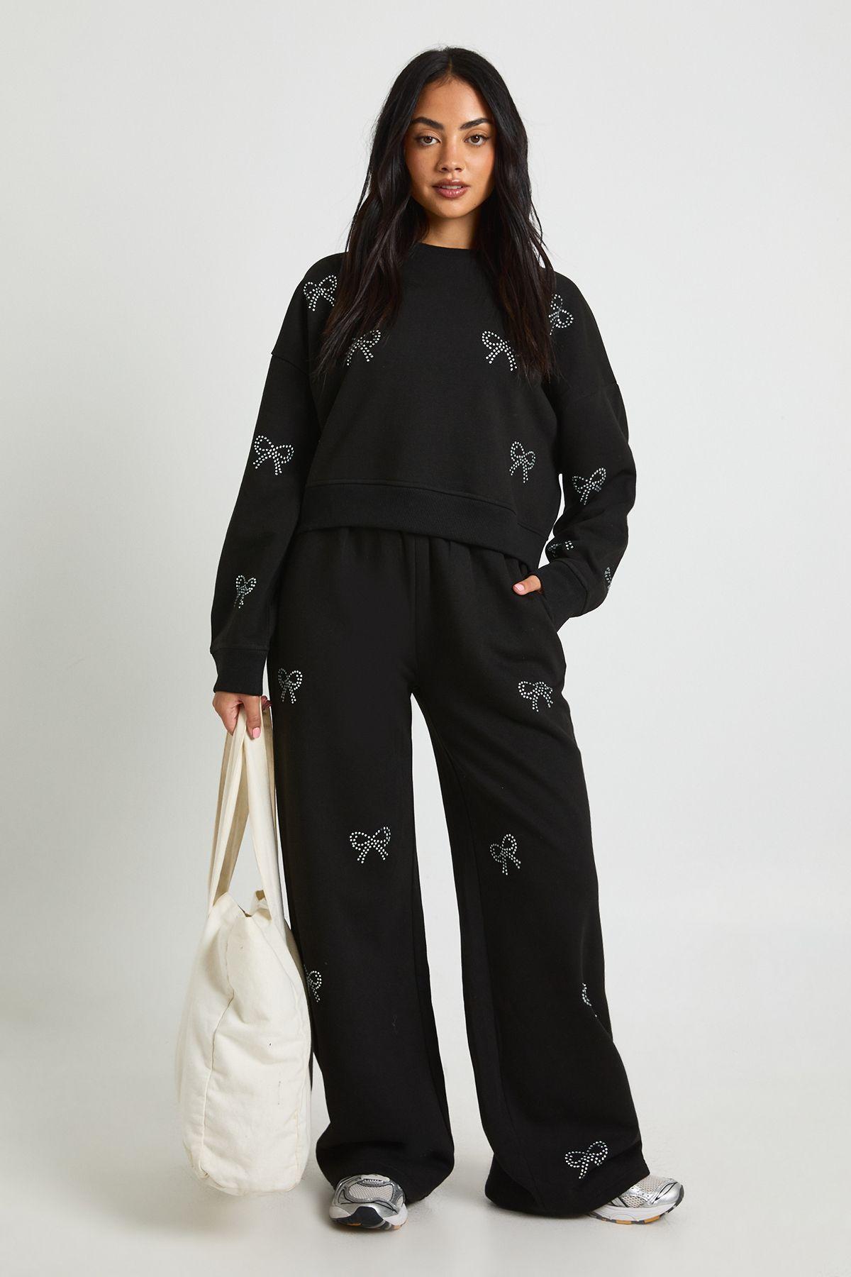 Hotfix Diamante Bow Sweatshirt Tracksuit by BOOHOO