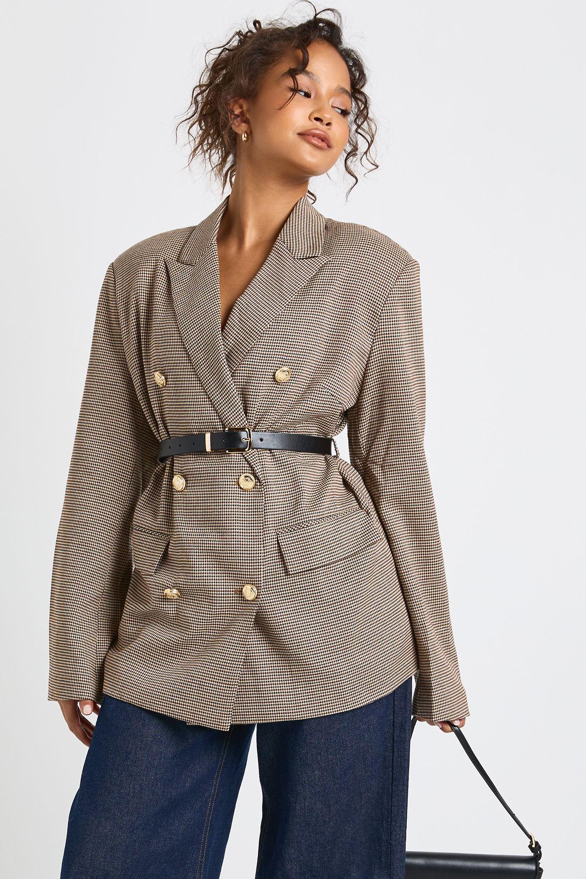 Houndstooth Belted Double Breasted Blazer by BOOHOO