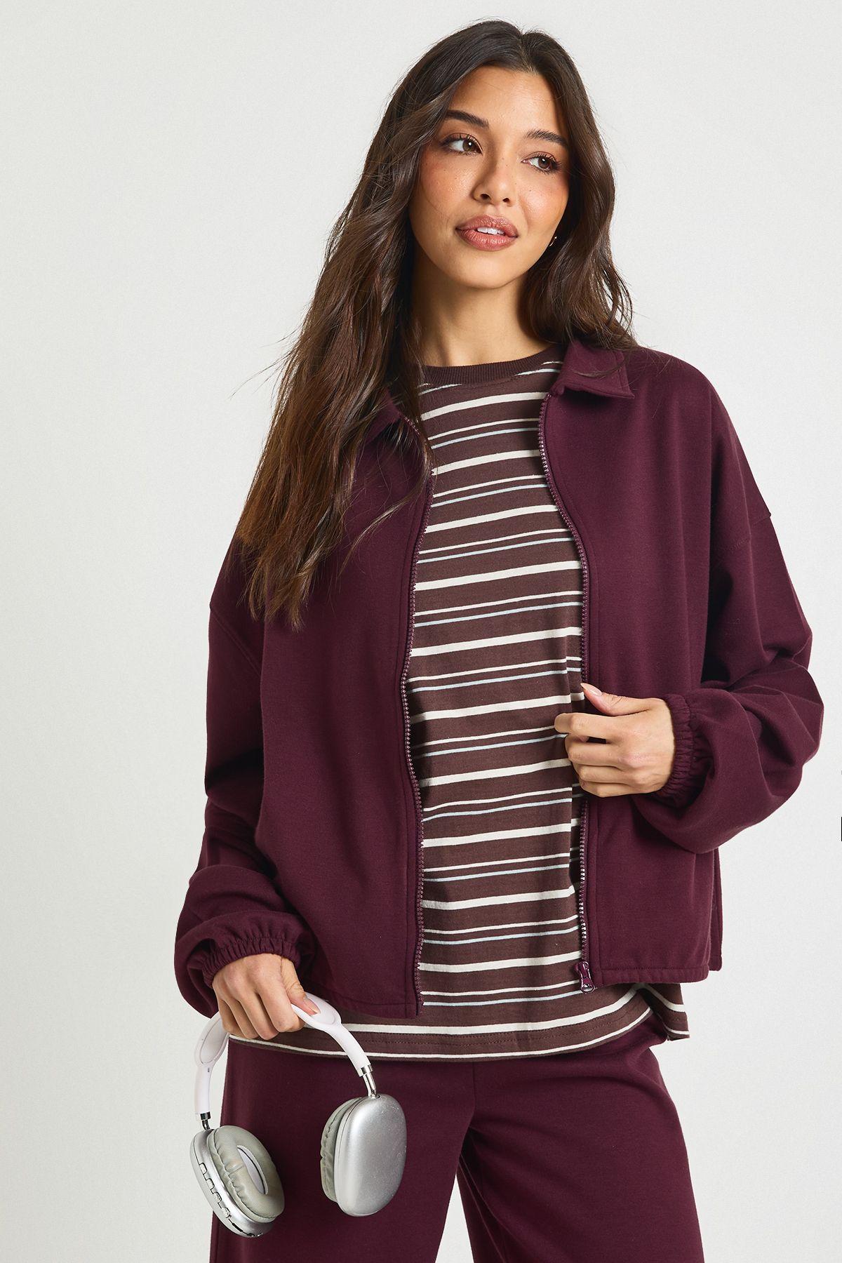 Interlock Bubble Hem Zip Through Bomber Sweatshirt by BOOHOO
