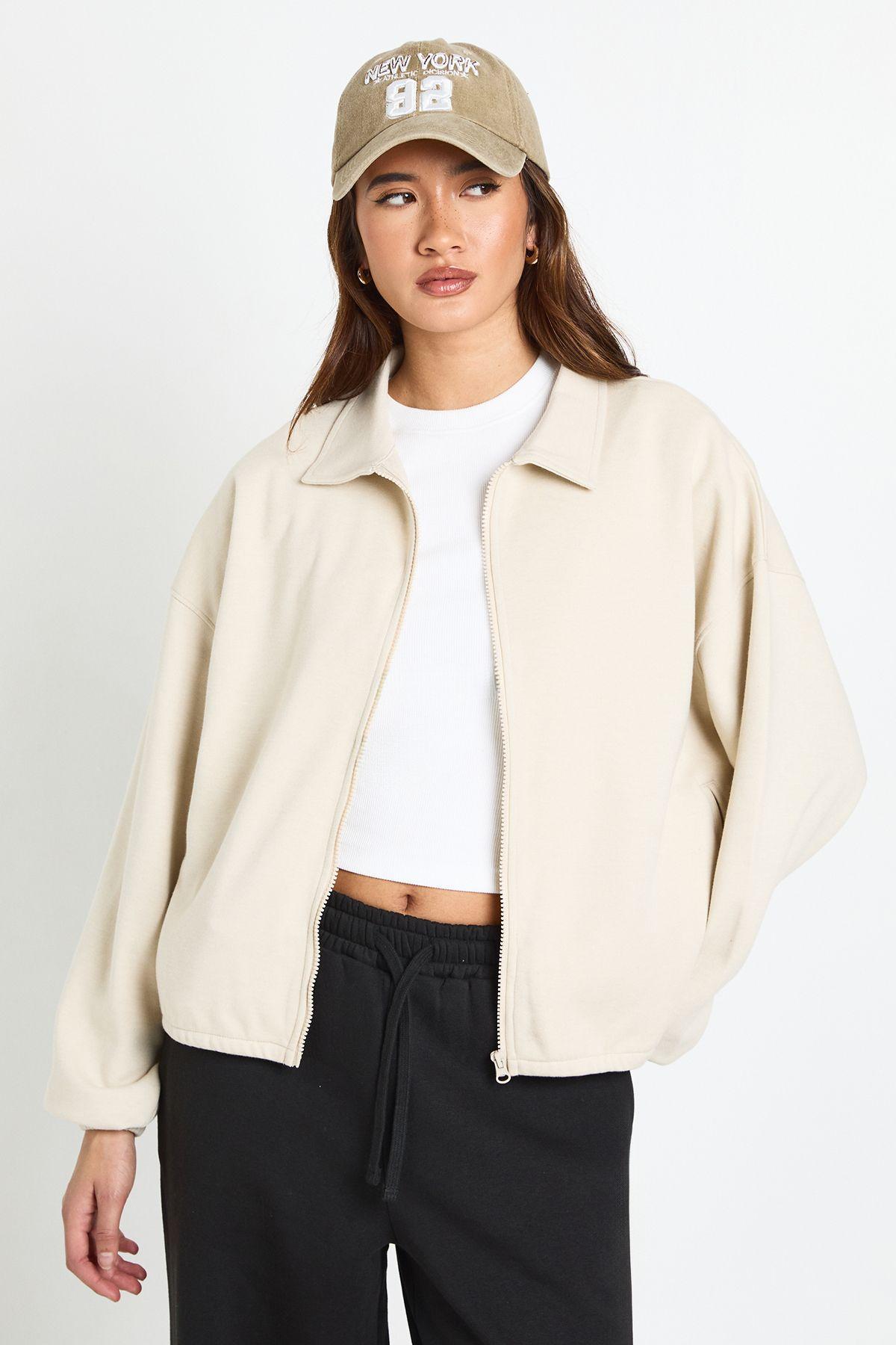 Interlock Bubble Hem Zip Through Bomber Sweatshirt by BOOHOO