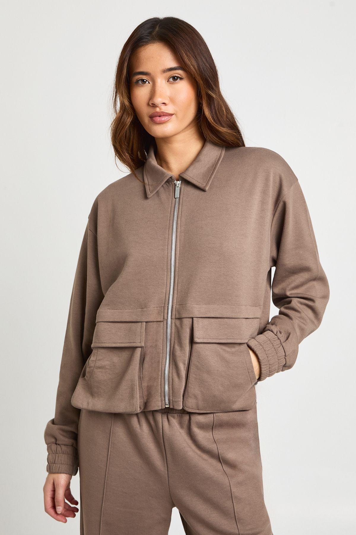 Interlock Cargo Pocket Zip Through Bomber Sweatshirt by BOOHOO