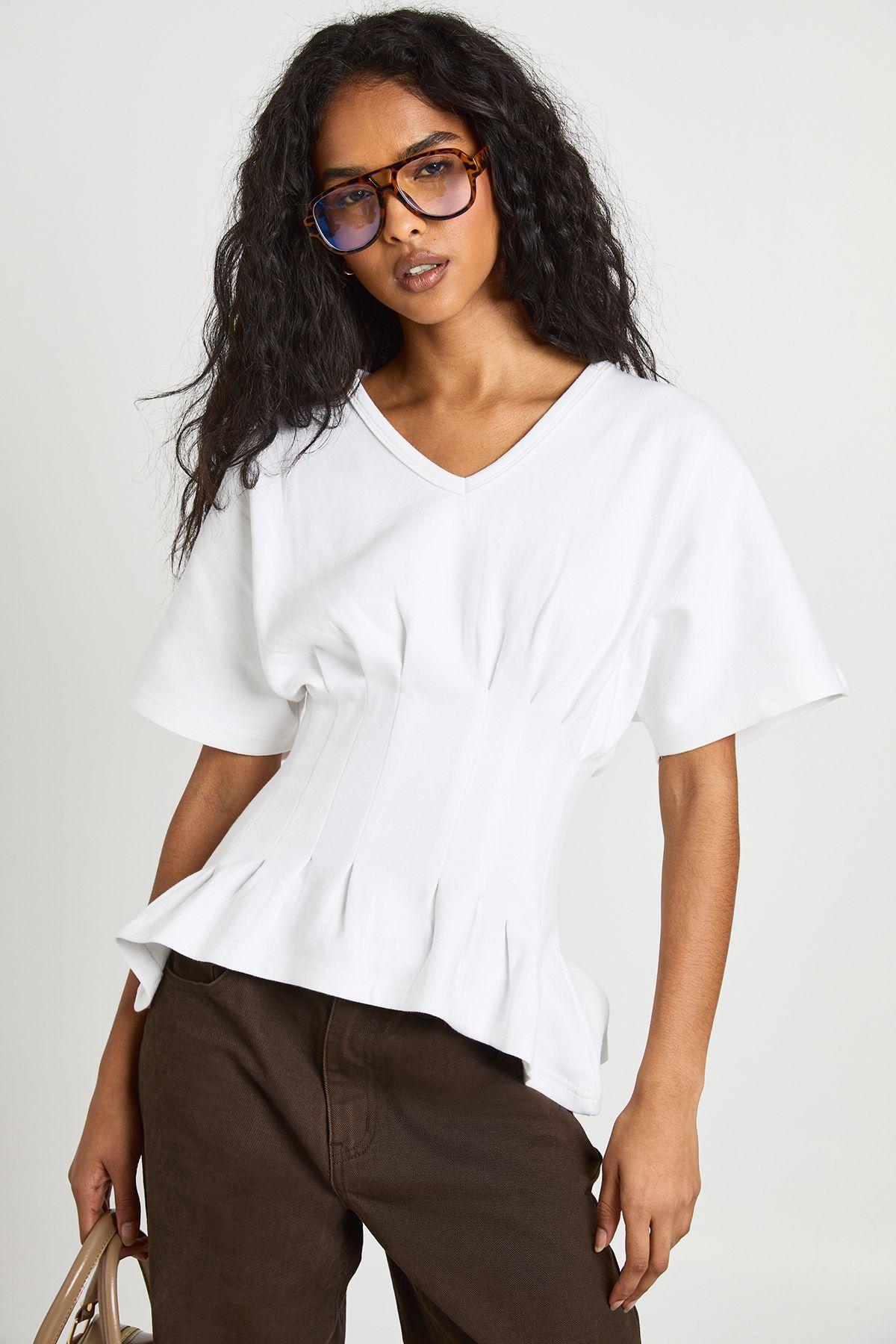 Interlock V Neck Cinched Waist Peplum T-Shirt by BOOHOO
