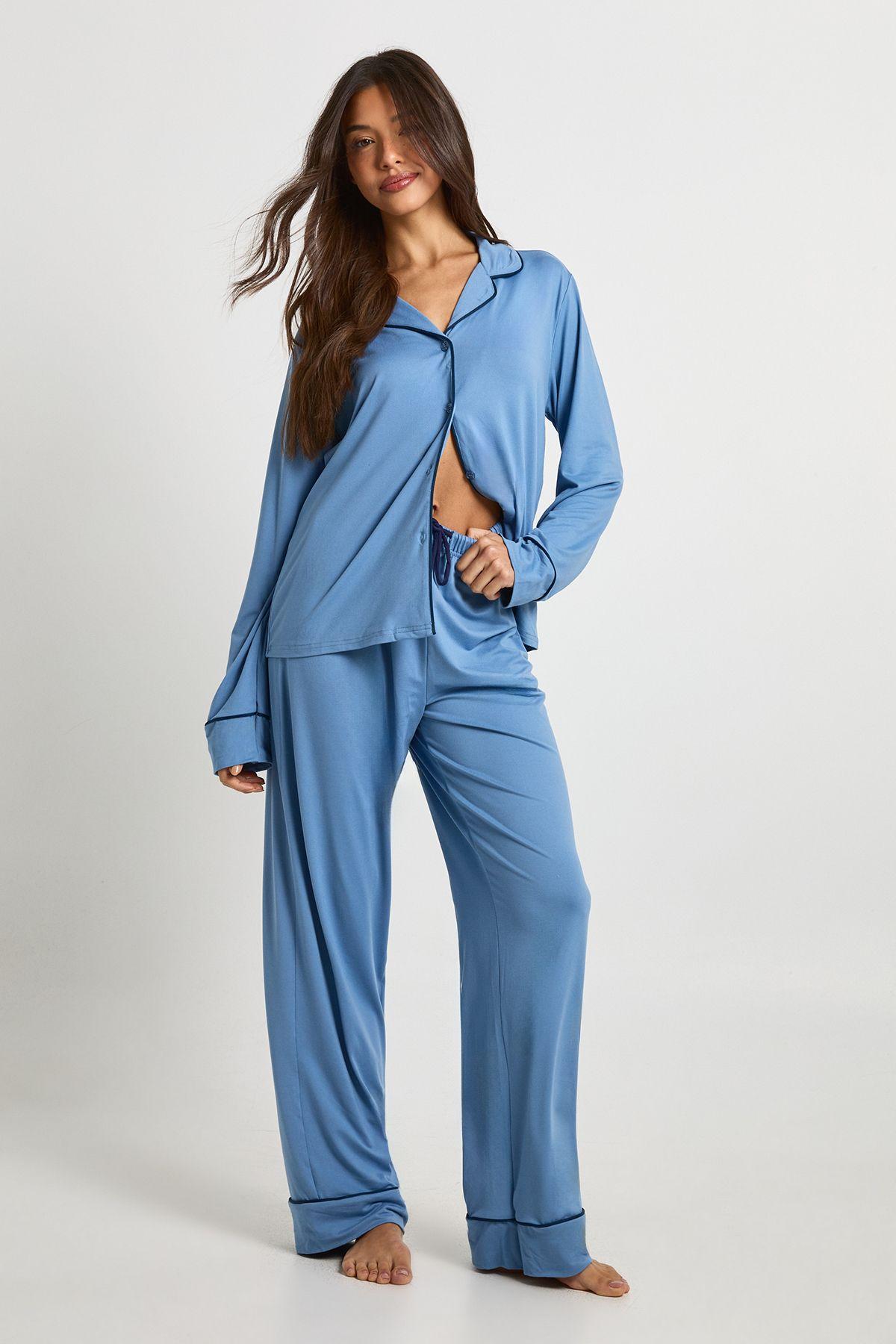 Jersey Piping Detail Long Sleeve Shirt & Trouser Pyjama Set by BOOHOO
