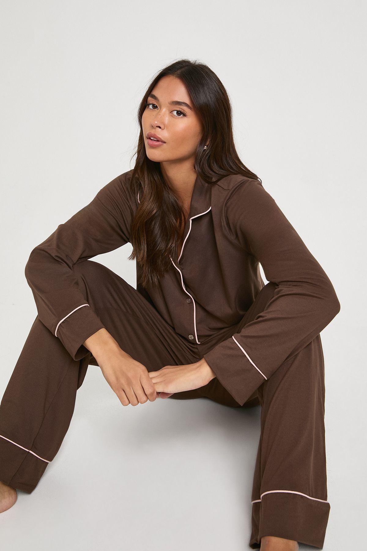 Jersey Piping Detail Long Sleeve Shirt & Trousers Pyjama Set by BOOHOO