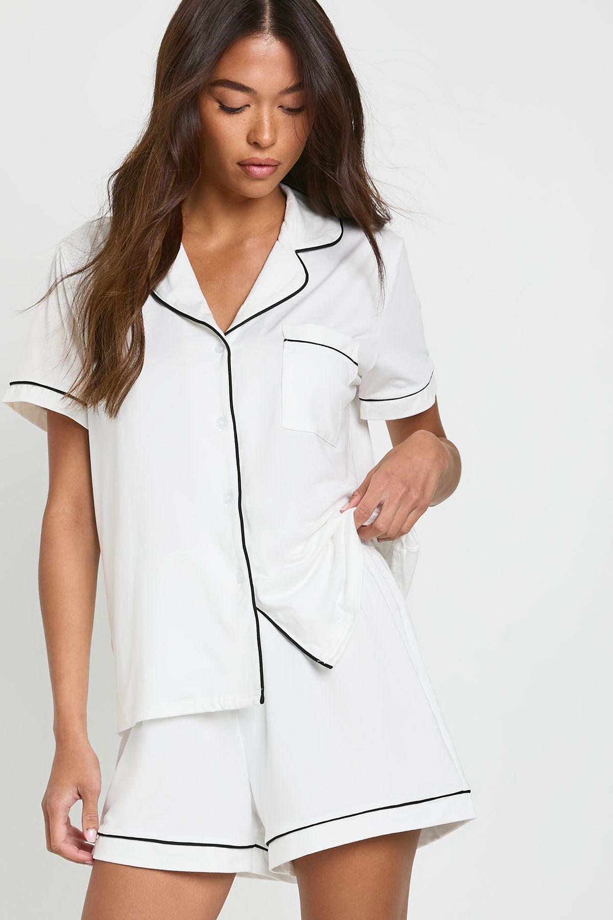 Jersey Piping Detail Short Sleeve Shirt & Shorts Pyjama Set by BOOHOO