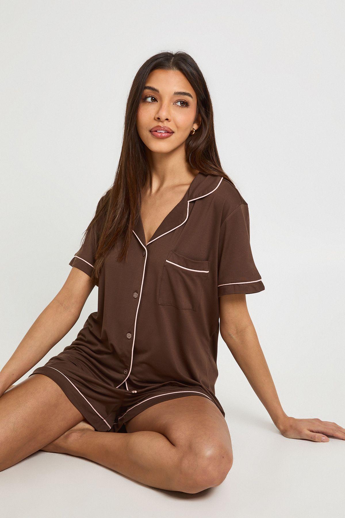 Jersey Piping Detail Short Sleeve Shirt & Shorts Pyjama Set by BOOHOO