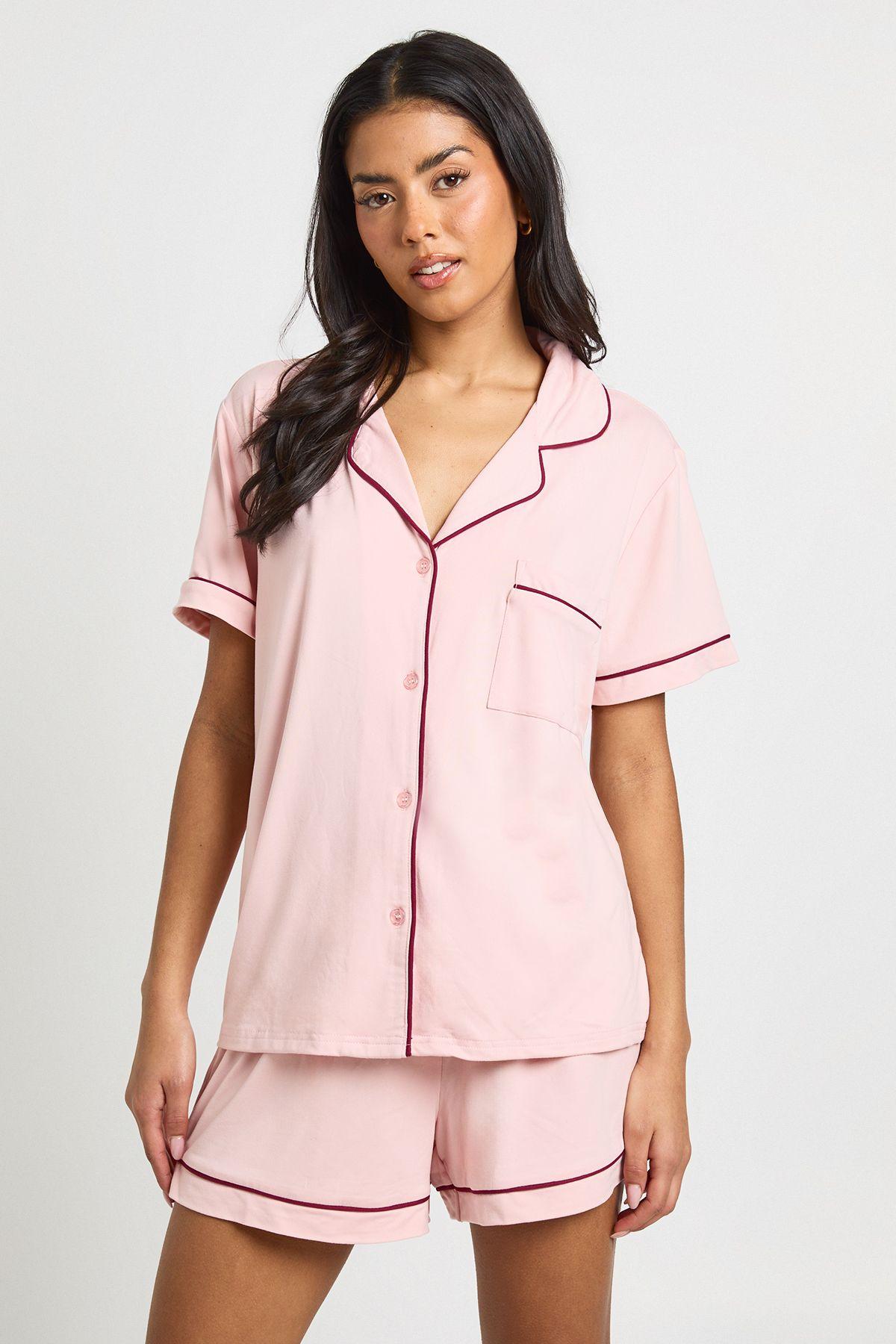 Jersey Piping Detail Short Sleeve Shirt & Shorts Pyjama Set by BOOHOO