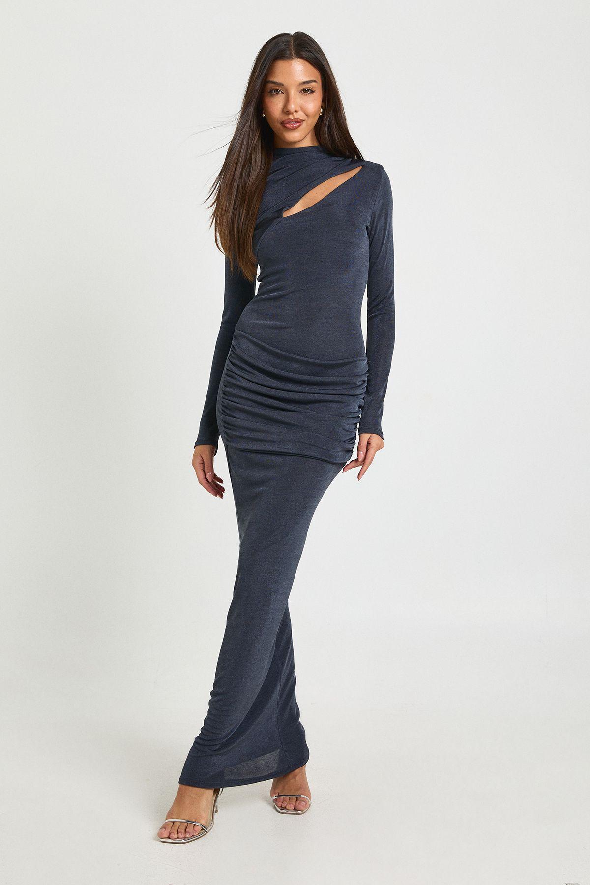 Key Hole Drape Detail Slinky Long Sleeve Maxi Dress by BOOHOO