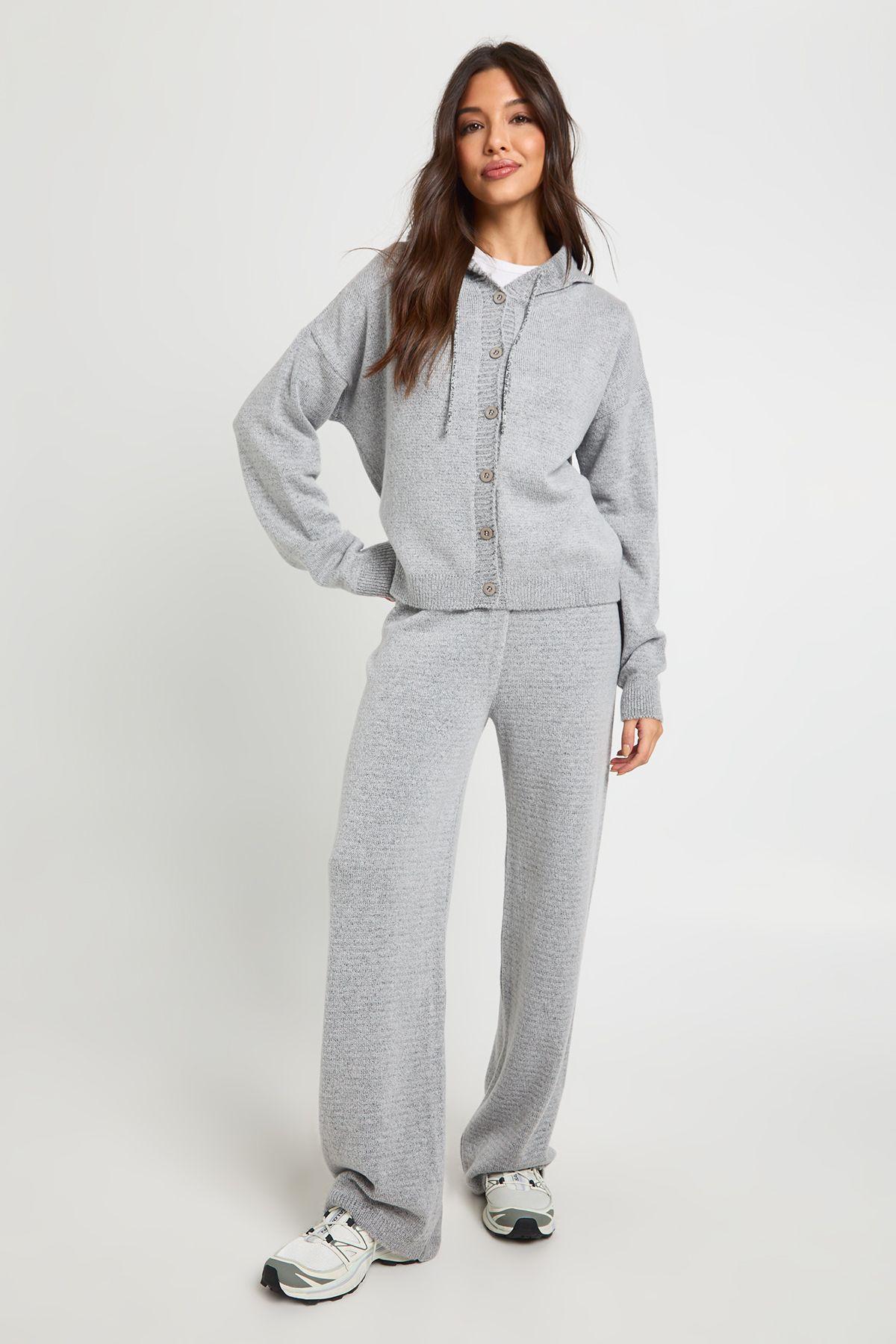 Knitted Oversized  Button Through Hoody and Wide Leg Trouser by BOOHOO
