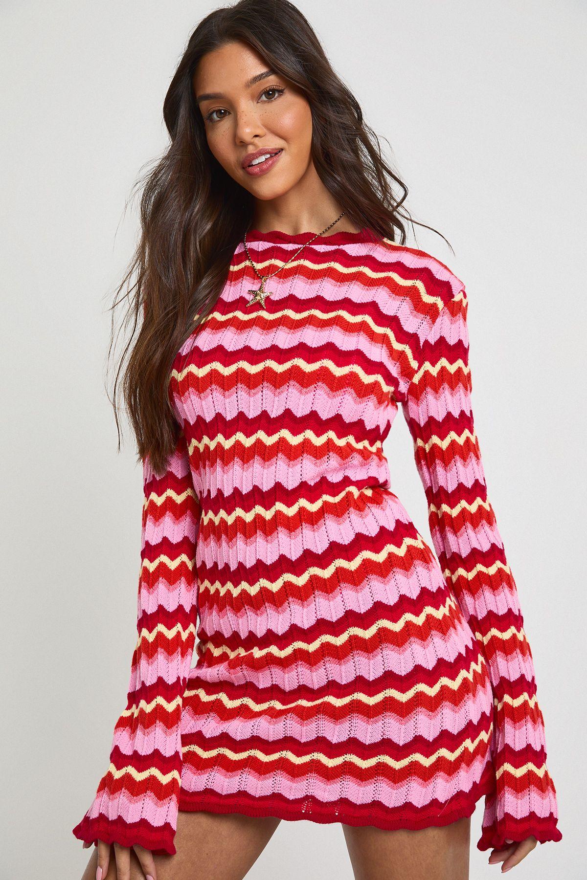 Knitted Stripe Long Sleeve Mini Dress by BOOHOO