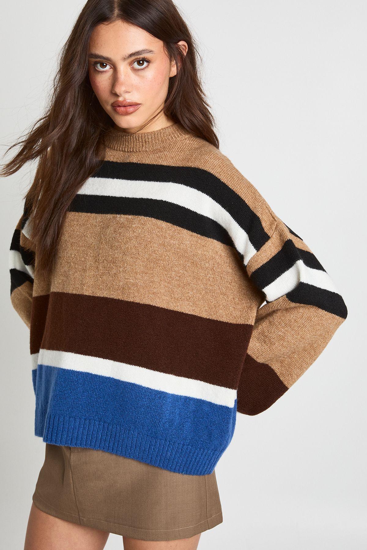 Knitted Stripe Wide Sleeve Jumper by BOOHOO