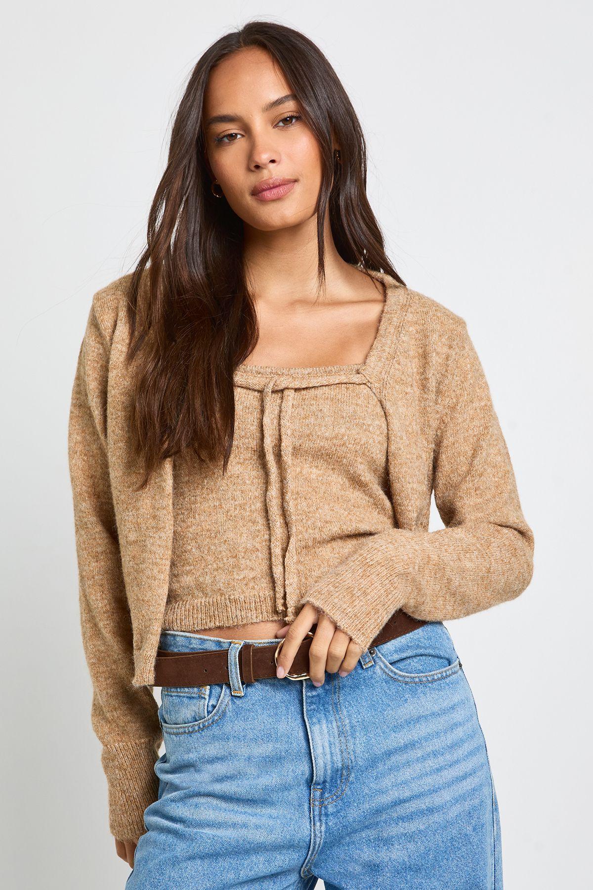 Knitted Tie Front Cardigan and Cami Top Set by BOOHOO
