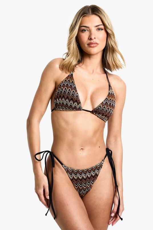 Knitted Zig Zag Tie Side Bikini Bottoms by BOOHOO