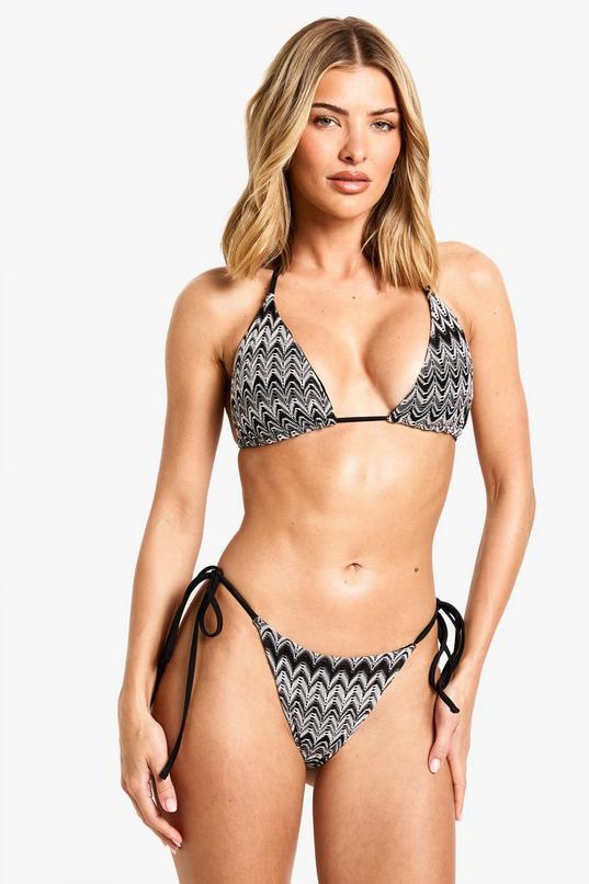 Knitted Zig Zag Tie Side Bikini Bottoms by BOOHOO