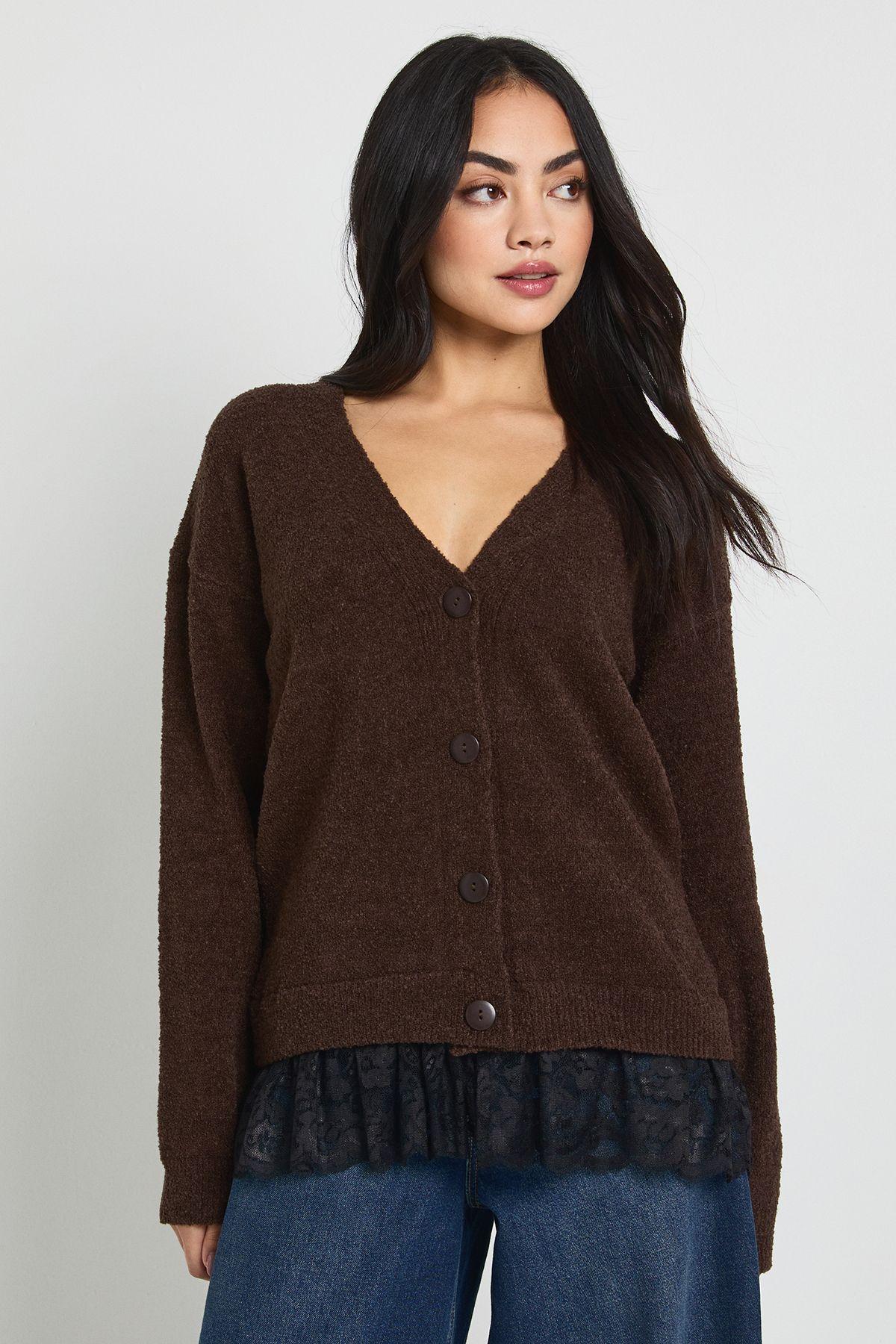 L.ace Trim Hem Knitted Cardigan by BOOHOO