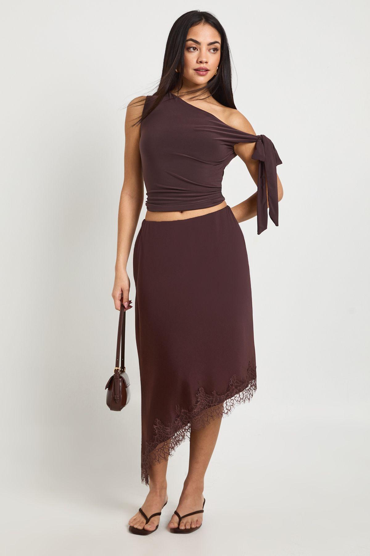 Lace Asymmetric Hem Satin Midi Skirt by BOOHOO