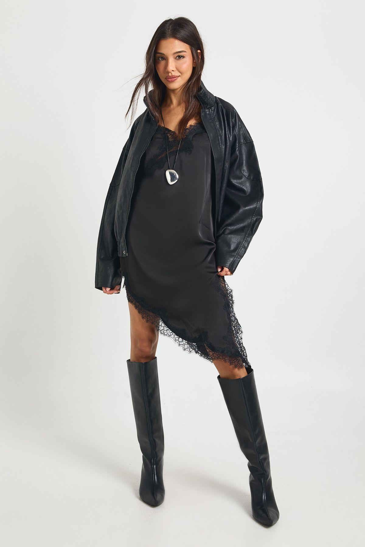Lace Asymmetric Satin Slip Dress by BOOHOO