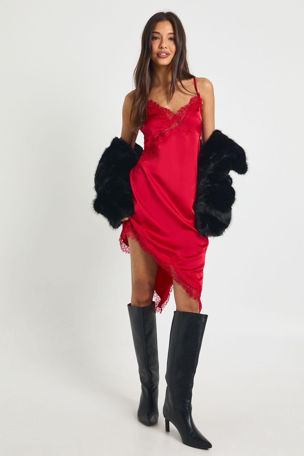 Lace Asymmetric Satin Slip Dress by BOOHOO