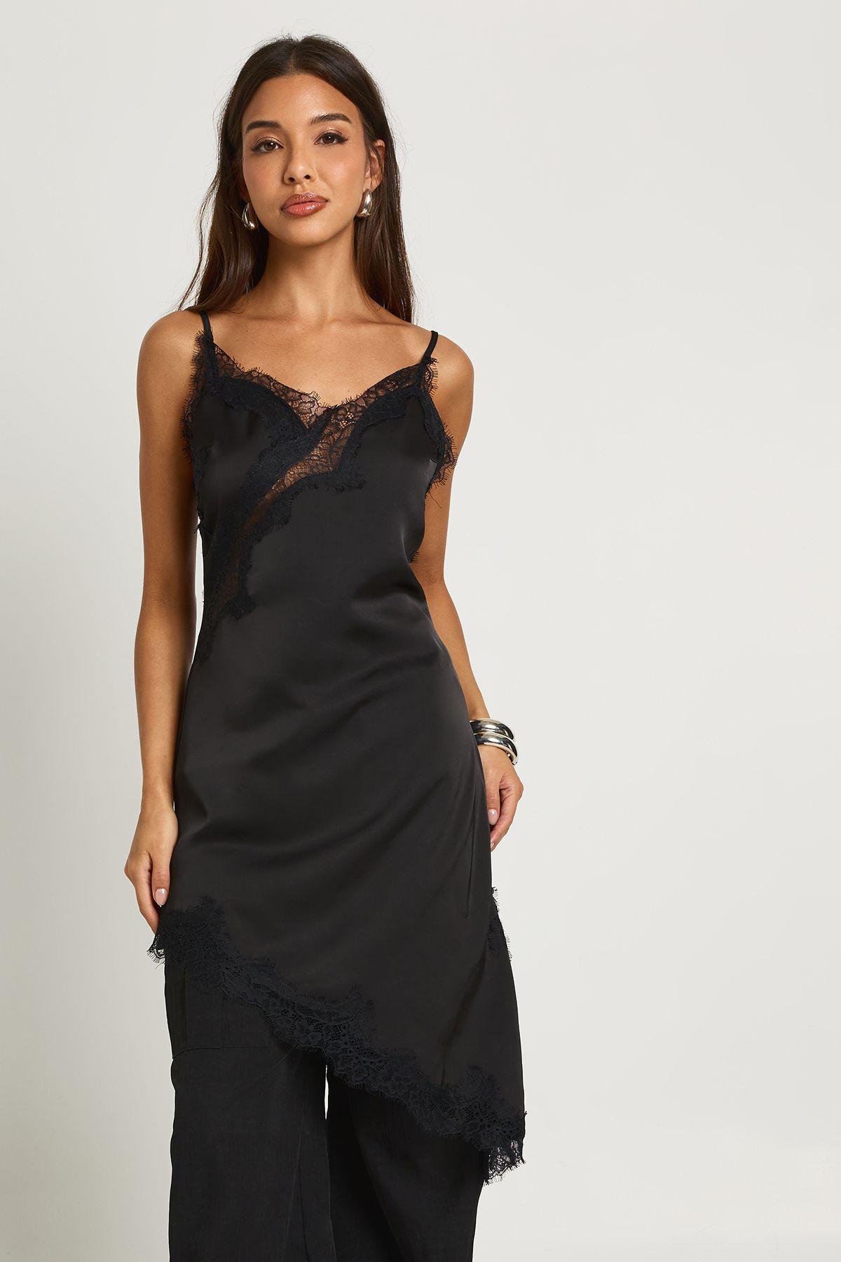 Lace Asymmetric Satin Slip Dress by BOOHOO