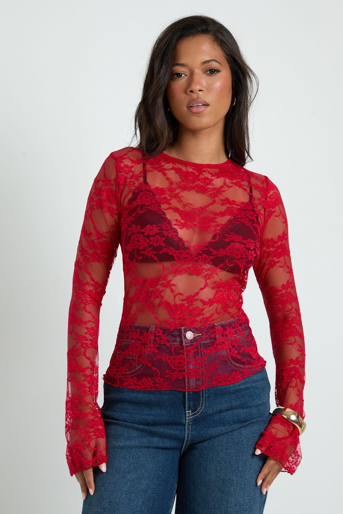 Lace Boat Neck Flare Sleeve Top by BOOHOO