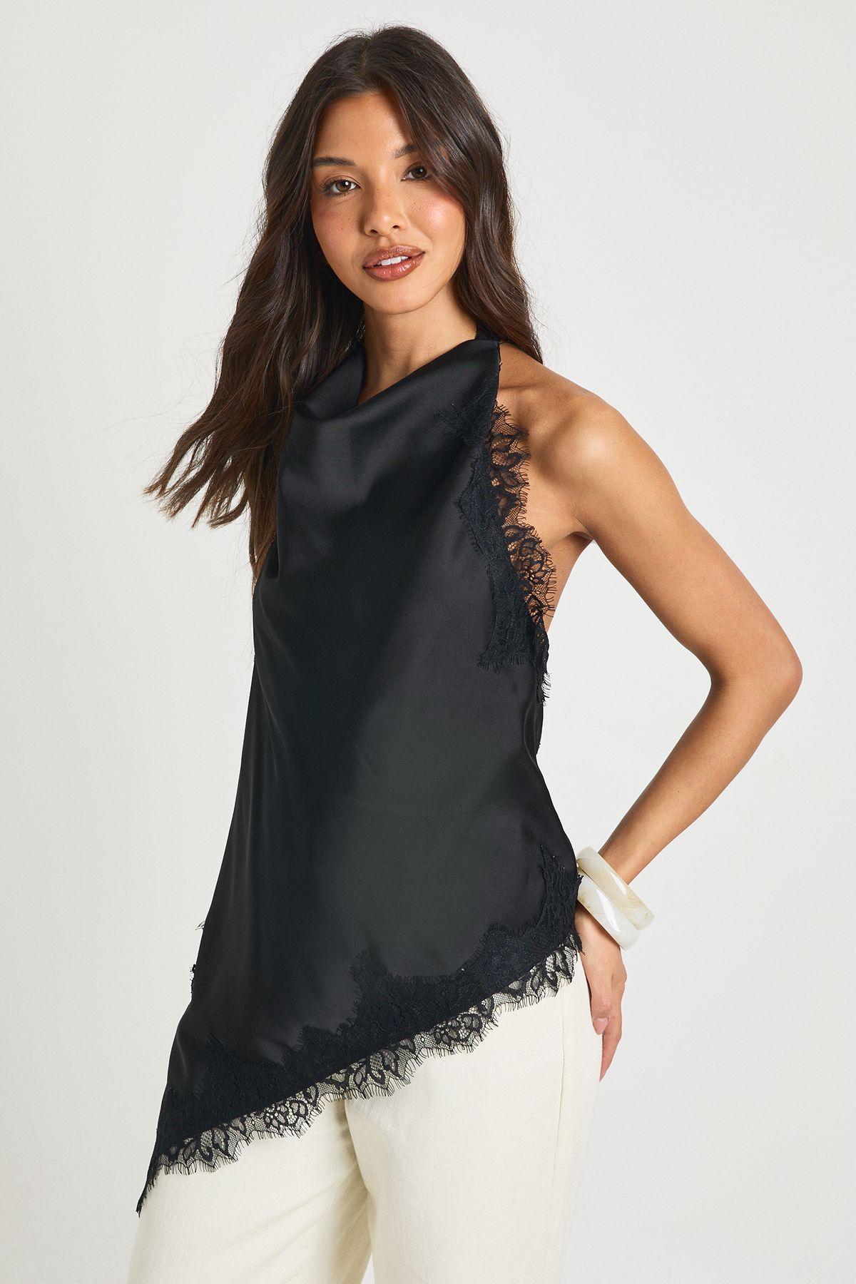 Lace Cowl Asymmetric Top by BOOHOO