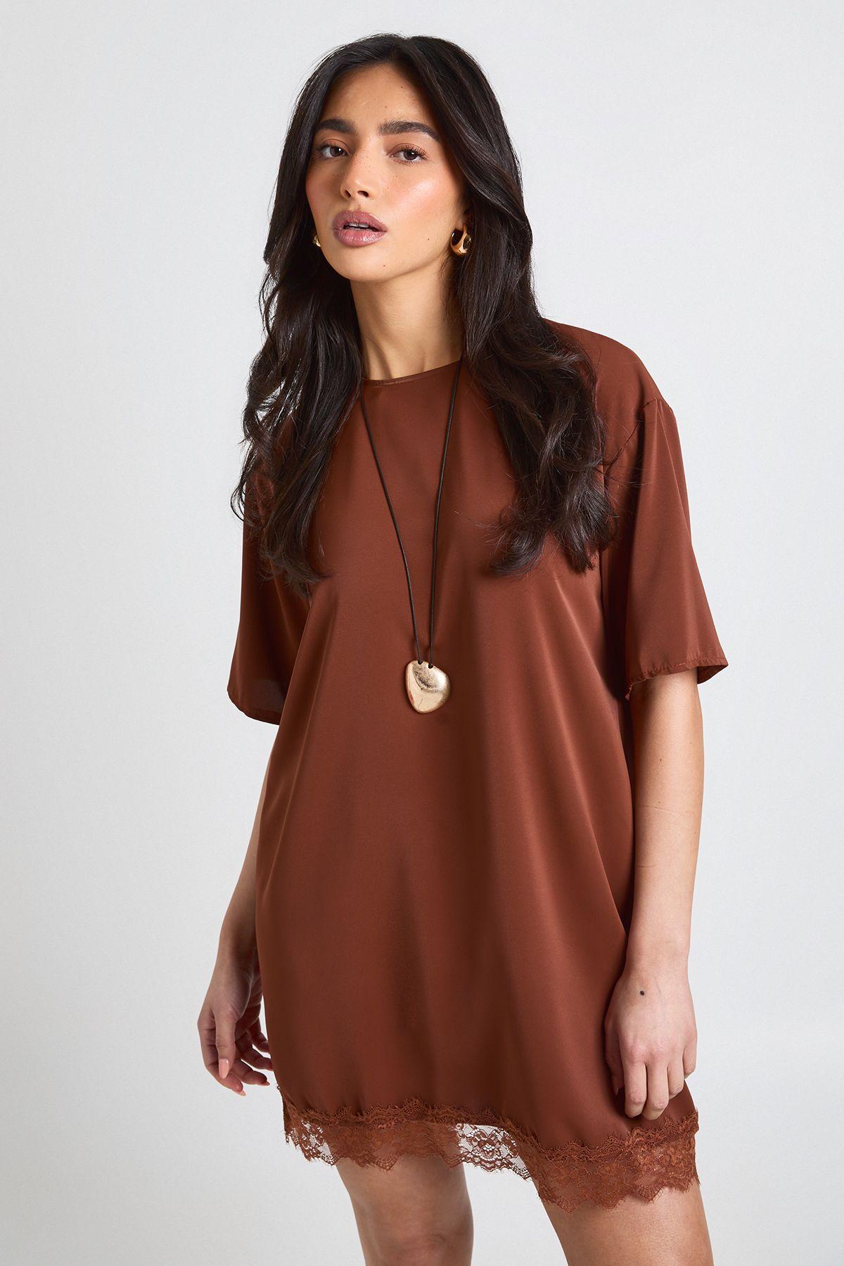 Lace Hem Oversized Woven T-Shirt Dress by BOOHOO