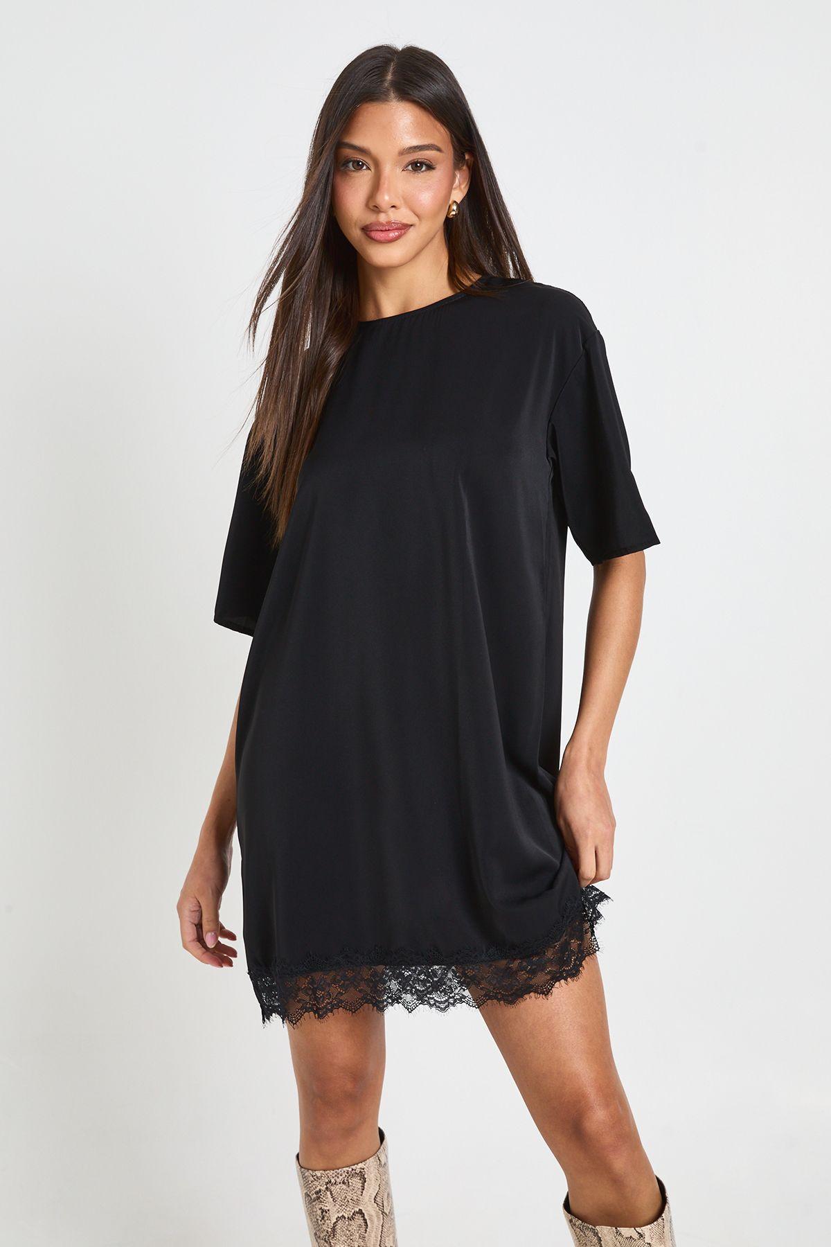 Lace Hem Oversized Woven T-Shirt Dress by BOOHOO