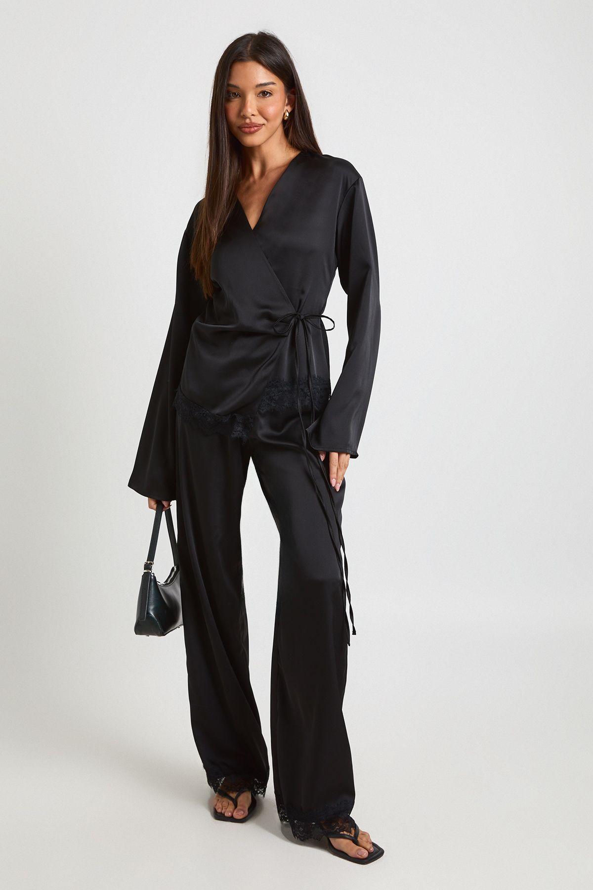 Lace Hem Satin Wrap Top Co-Ord by BOOHOO