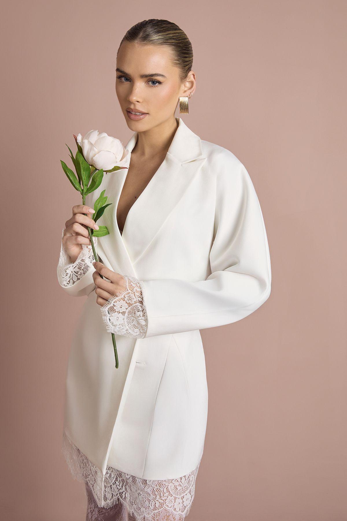 Lace Hem Structured Blazer Dress by BOOHOO
