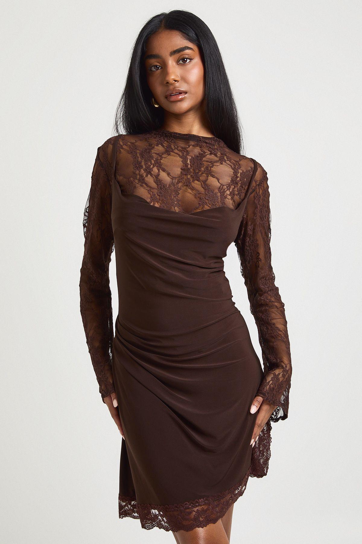 Lace High Neck Flare Sleeve Dress With Slinky Cowl Cami by BOOHOO