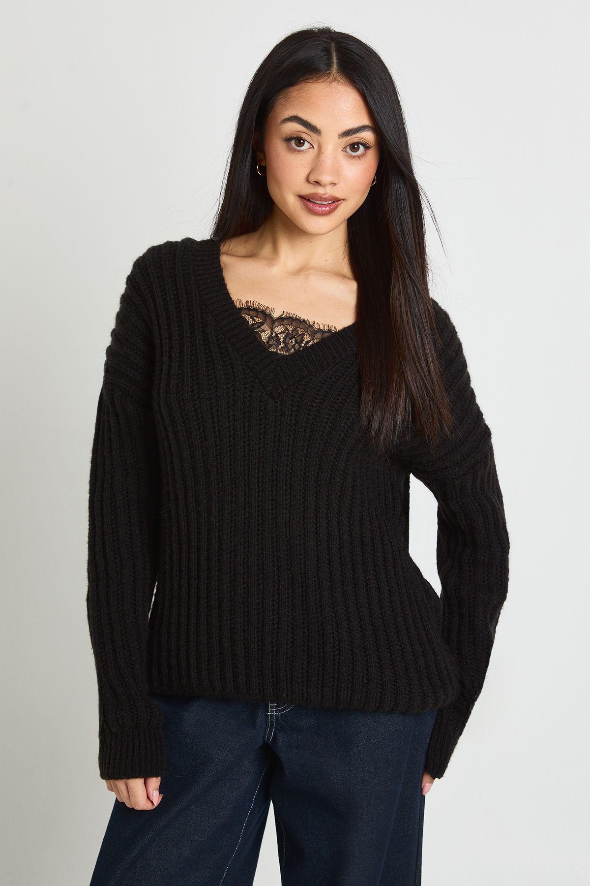 Lace Insert V Neck Rib Knit Jumper by BOOHOO