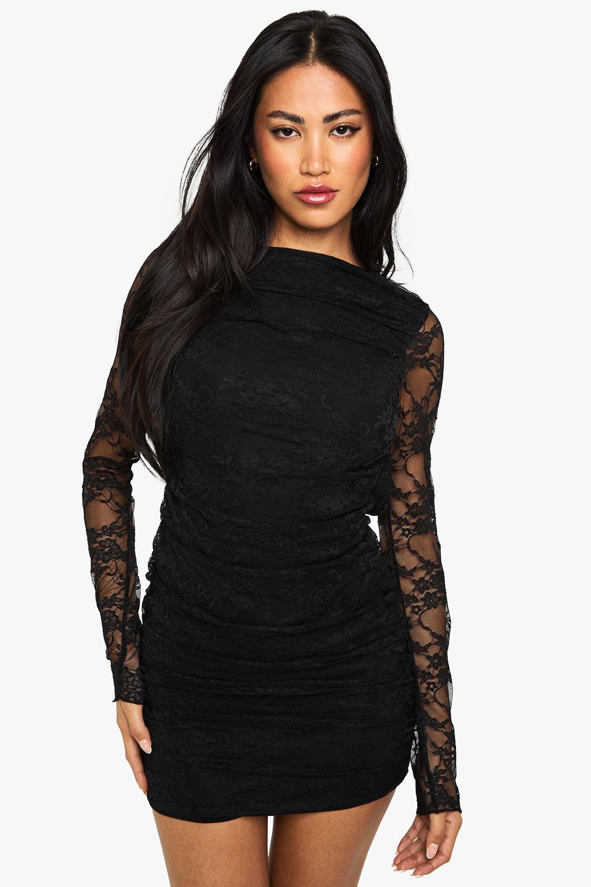 Lace Ruched Detail Backless Mini Dress by BOOHOO