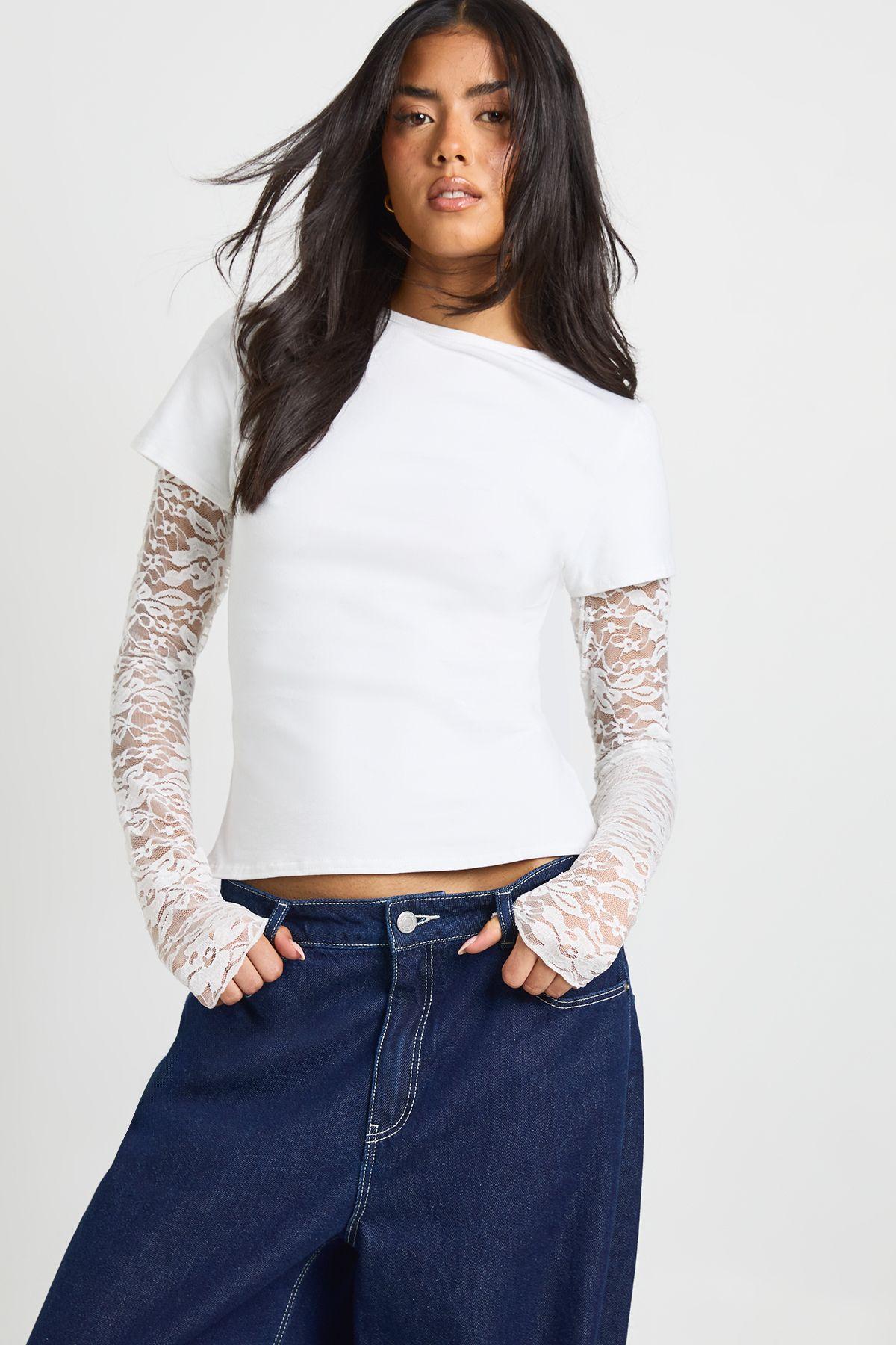 Lace Sleeved Baby Tee by BOOHOO