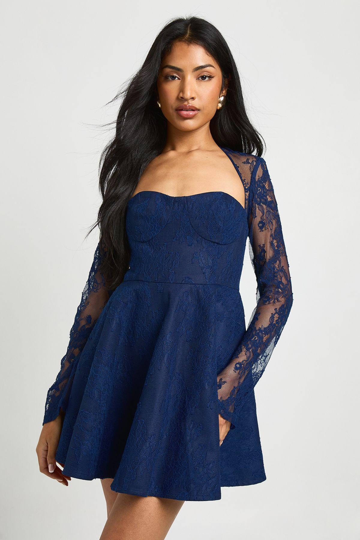 Lace Structured Mini Skater Dress by BOOHOO
