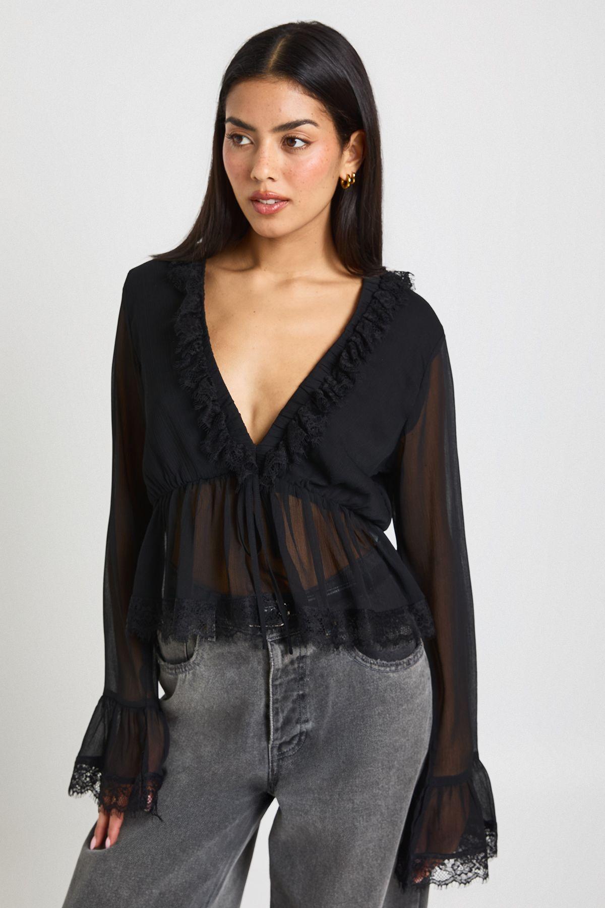 Lace Trim Chiffon Ruffle Blouse by BOOHOO