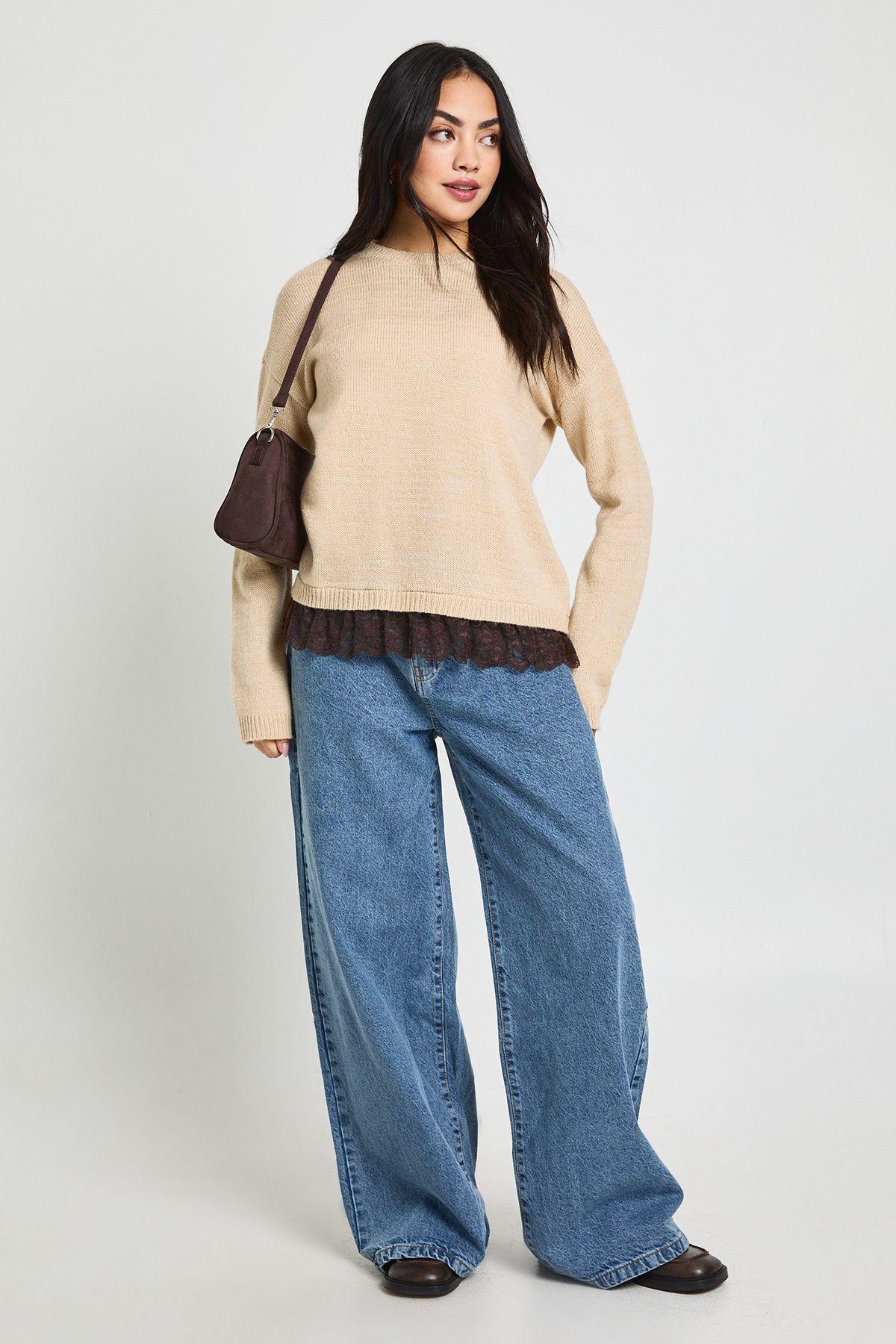 Lace Trim Knitted Jumper by BOOHOO