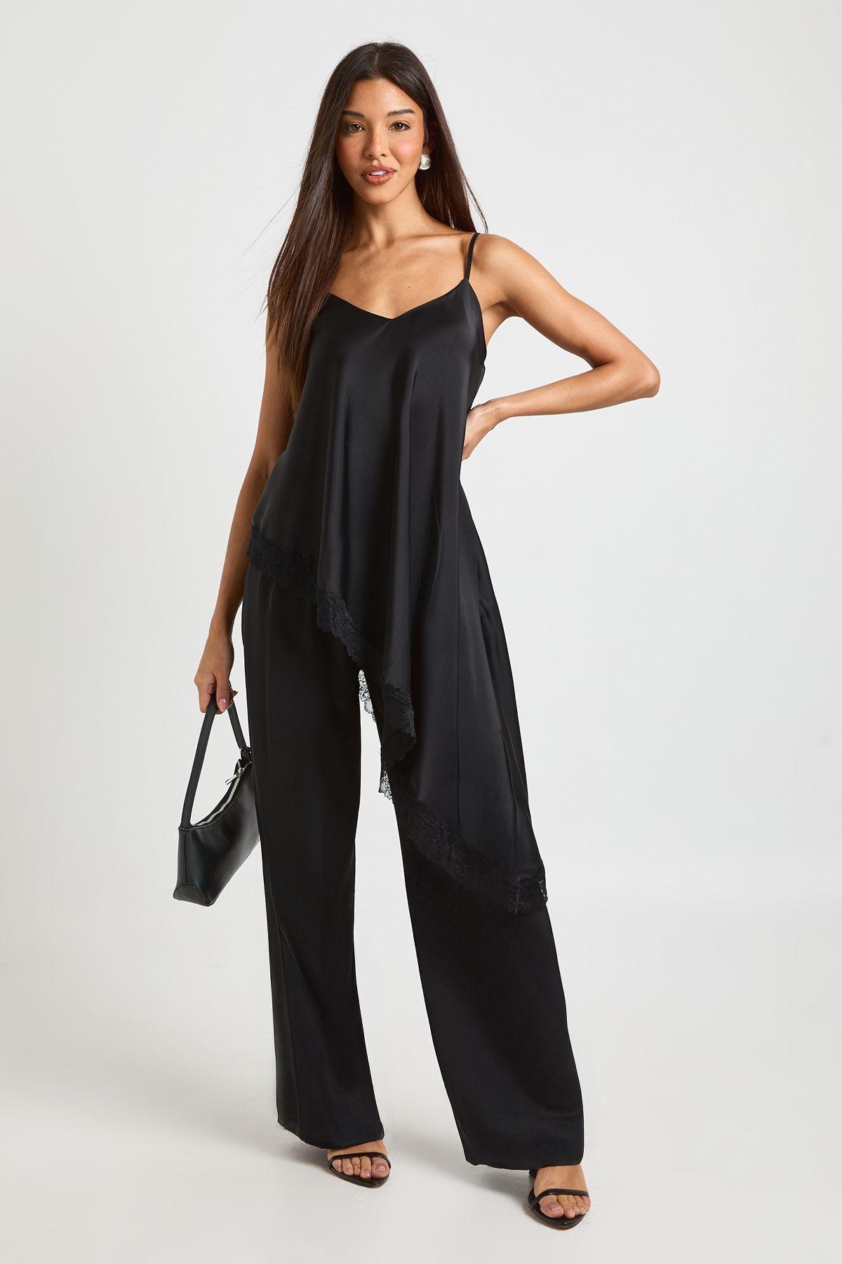 Lace Trim Satin Cami & Trouser Co Ord by BOOHOO