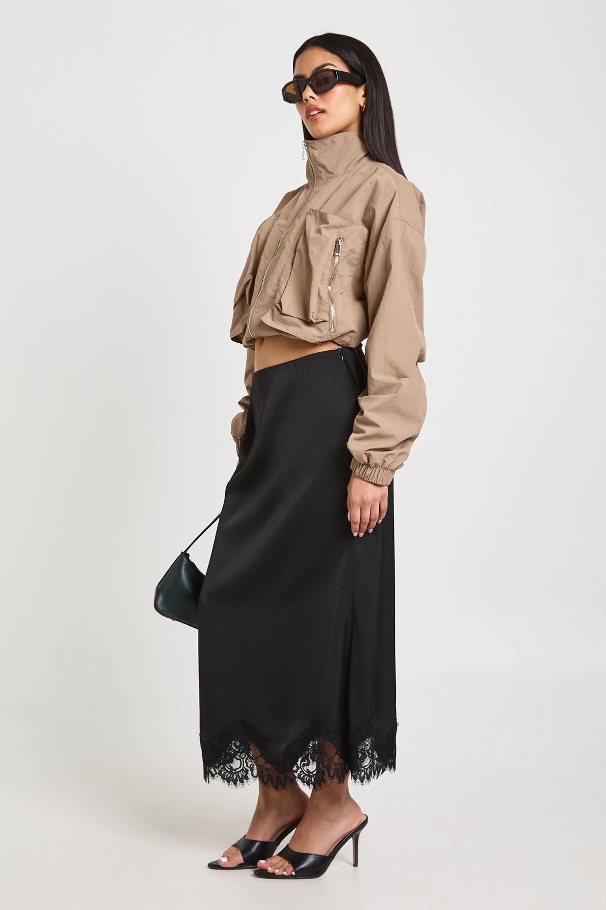 Lace Trim Satin Midaxi Skirt by BOOHOO