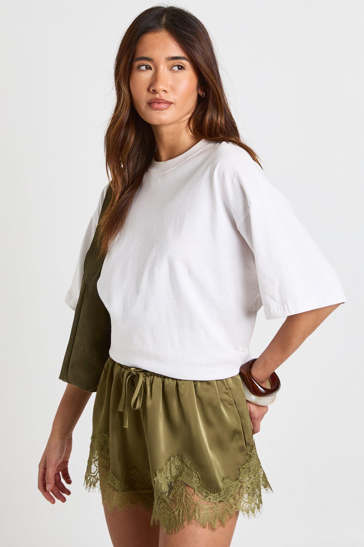 Lace Trim Satin Shorts by BOOHOO