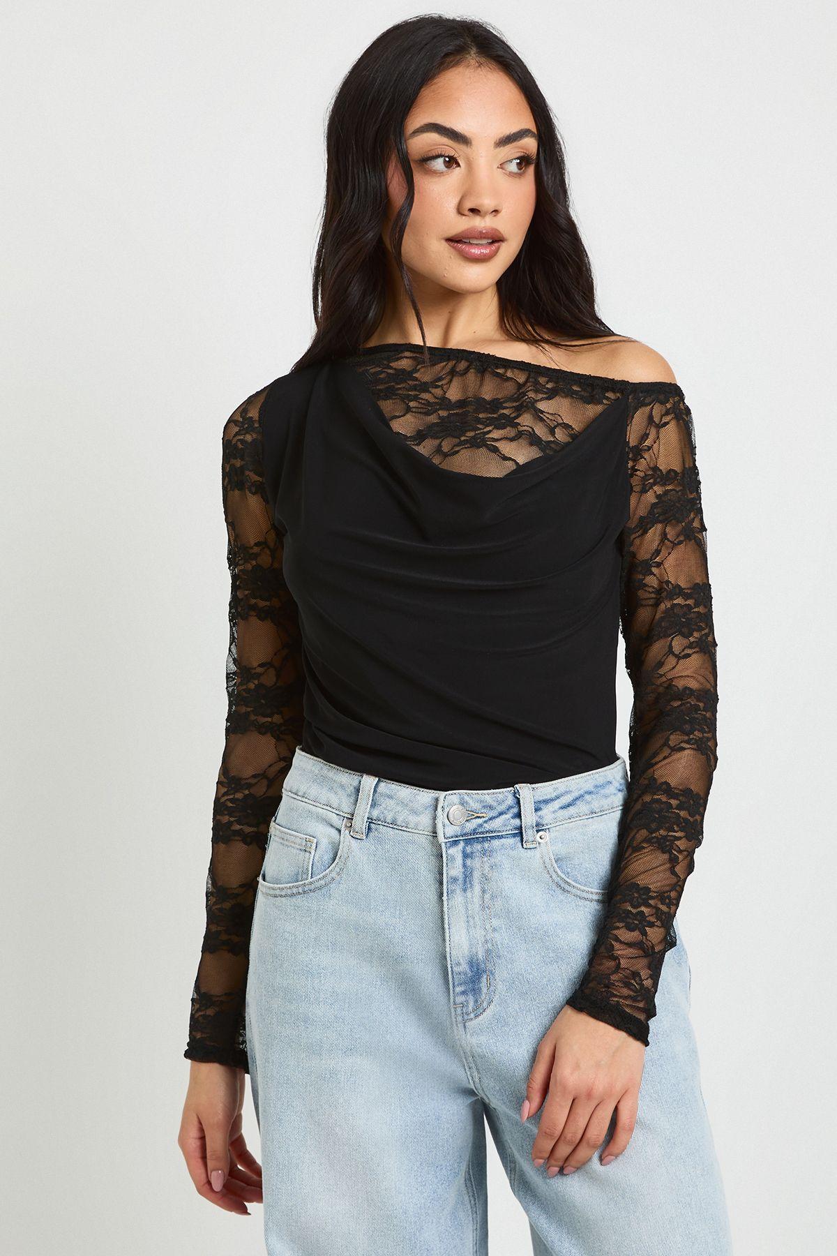 Lace Underlayer Cowl Neck Top by BOOHOO