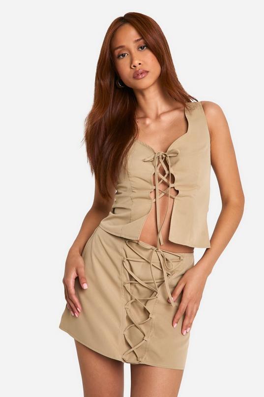 Lace Up Front Mini Skirt by BOOHOO