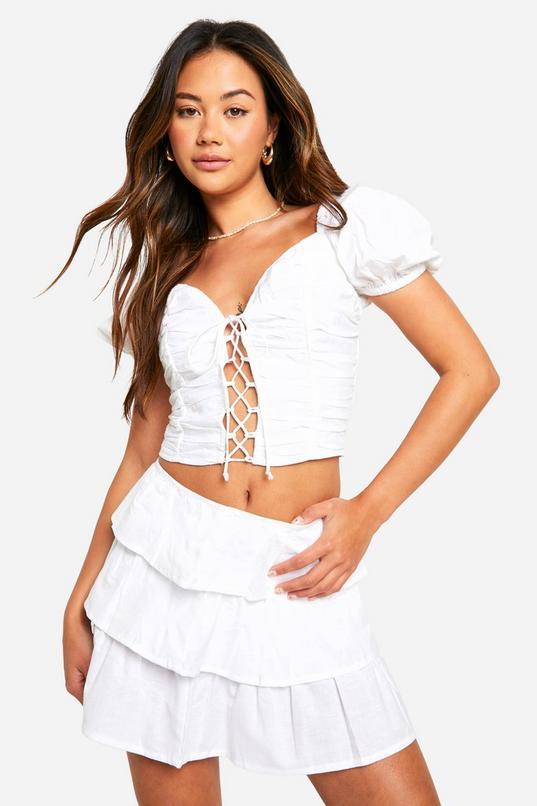 Lace Up Linen Look Corset by BOOHOO