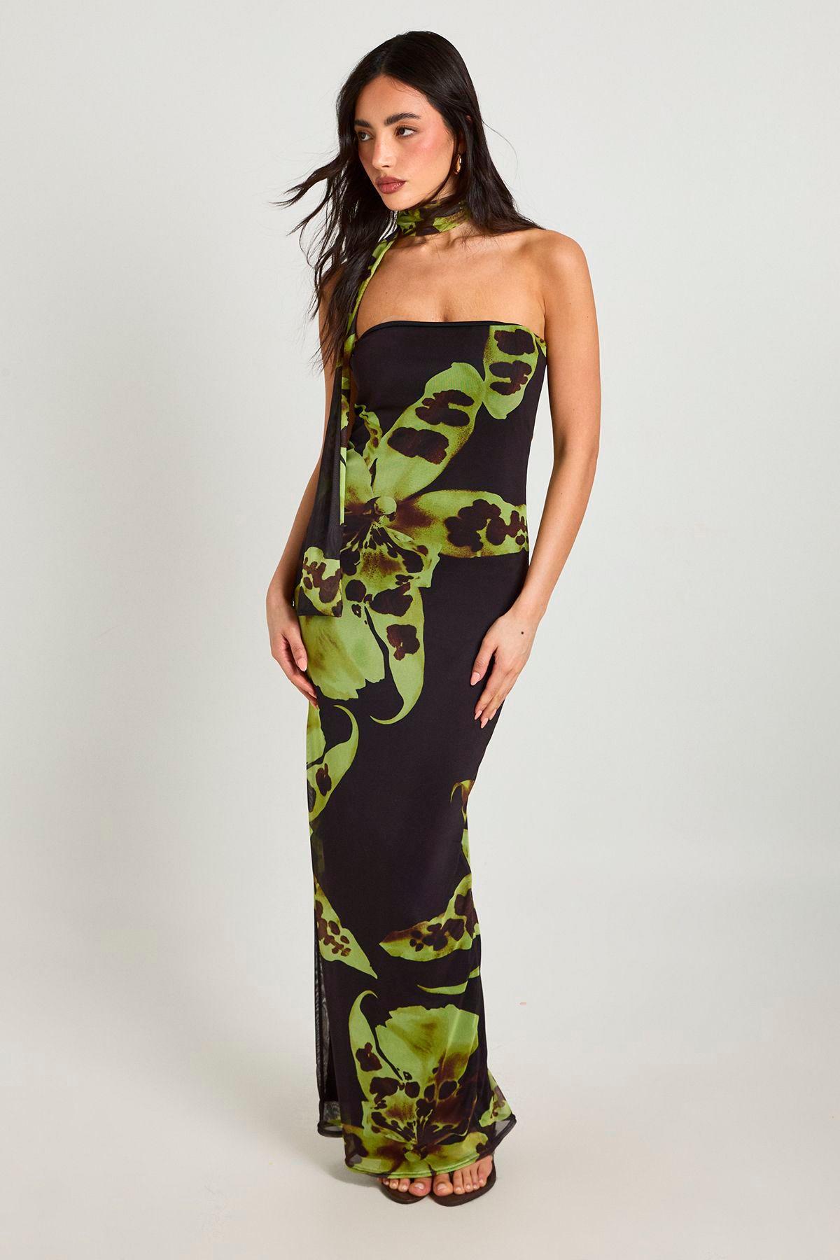 Large Floral Bandeau Scarf Detail Midaxi Dress by BOOHOO